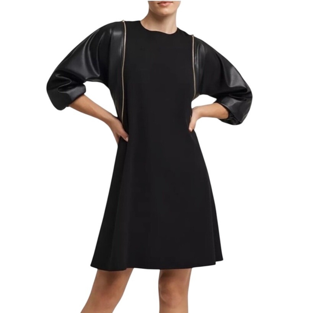 H Halston Faux Leather‎ Mixed Media Zipper Black Mini Dress Small Cocktail Party
